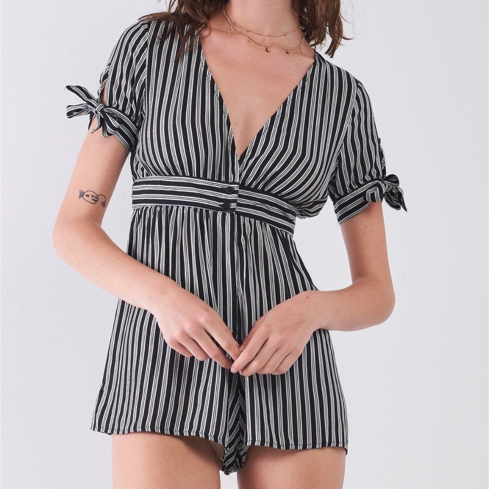 Black & White Striped Self-Tie Short Sleeve Detail V-Neck Flare Romper